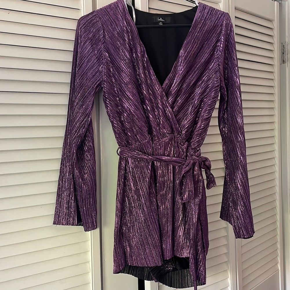 Eras Tour Outfit Lulu’s Party Starts Here Purple Metallic Pleated Romper Size XS